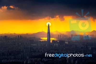 Sunset And Beautiful Sky At Lotte World Mall In Seoul,south Korea.the Best View Of South Korea At Namhansanseong Fortress.( Dark Tone) Stock Photo