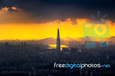 Sunset And Beautiful Sky At Lotte World Mall In Seoul,south Korea.the Best View Of South Korea At Namhansanseong Fortress.( Dark Tone) Stock Photo