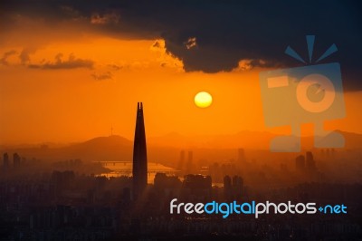 Sunset And Beautiful Sky At Lotte World Mall In Seoul,south Korea.the Best View Of South Korea At Namhansanseong Fortress.( Dark Tone) Stock Photo