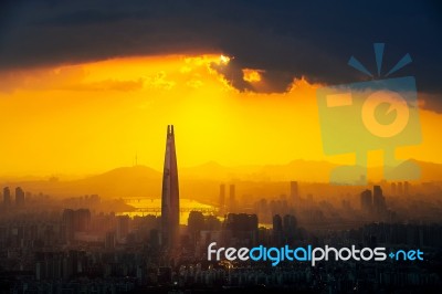 Sunset And Beautiful Sky At Lotte World Mall In Seoul,south Korea.the Best View Of South Korea At Namhansanseong Fortress.( Dark Tone) Stock Photo