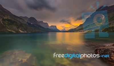 Sunset At St. Mary Lake, Glacier National Park, Mt Stock Photo