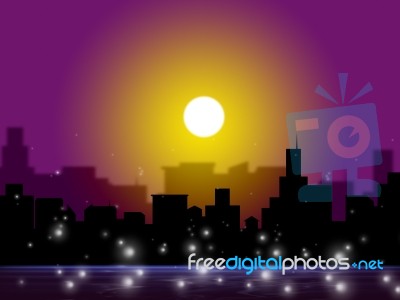 Sunset City Shows Night Time And Darkness Stock Image