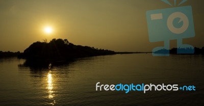 Sunset In Zambezi River, Victoria Falls, Zimbabwe, Africa Stock Photo