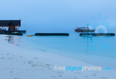 Sunset On A Beach Of Maldives, Indian Ocean Stock Photo