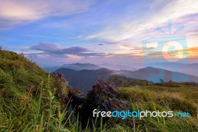 Sunset On Phu Chi Fa Forest Park, Thailand Stock Photo