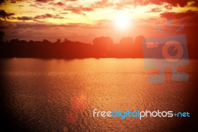 Sunset On River In The Summer , Evening Sky , Landscape , Backgr… Stock Photo