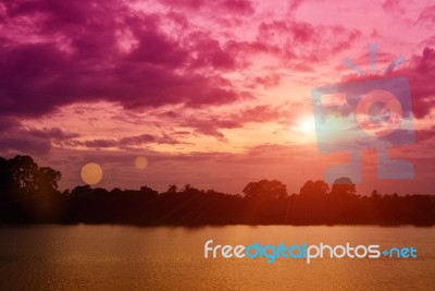 Sunset On River In The Summer , Evening Sky , Landscape , Backgr… Stock Photo