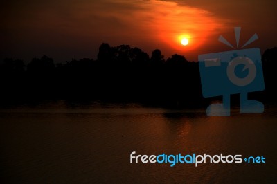 Sunset On River In The Summer , Evening Sky , Landscape , Backgrounds Stock Photo