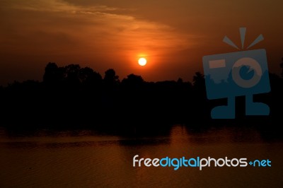 Sunset On River In The Summer , Evening Sky , Landscape , Backgrounds Stock Photo