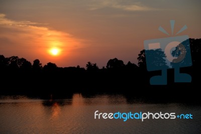 Sunset On River In The Summer , Evening Sky , Landscape , Backgrounds Stock Photo