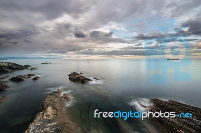 Sunset On The Beaches And Coasts Of Galicia, Spain Stock Photo