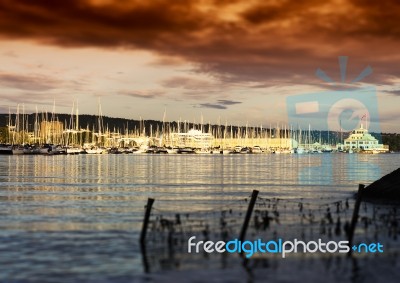 Sunset Oslo Yacht Club Near Coast Background Stock Photo