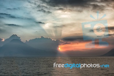 Sunset Over Lake Atitlan In Panajachel In Guatemala Stock Photo