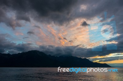 Sunset Over Lake Geneva At Montreux Stock Photo