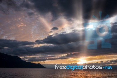 Sunset Over Lake Geneva At Montreux Stock Photo