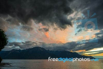 Sunset Over Lake Geneva At Montreux Stock Photo