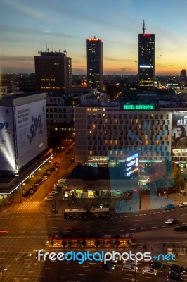 Sunset Over The Skyline In Warsaw Stock Photo