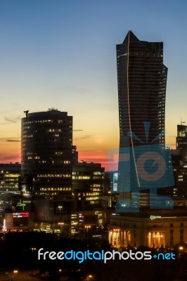 Sunset Over The Skyline In Warsaw Stock Photo