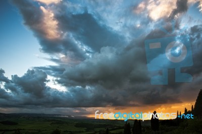 Sunset Over Val D'orcia Tuscany Stock Photo