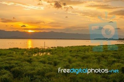 Sunset Time At Kwan Phayao, Thailand Stock Photo