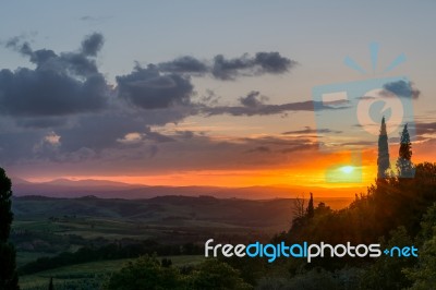 Sunset Val D'orcia Tuscany Stock Photo