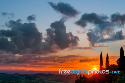 Sunset Val D'orcia Tuscany Stock Photo