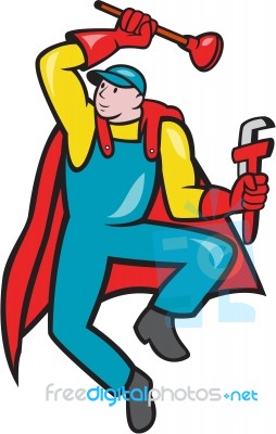 Super Plumber Plunger Wrench Cartoon Stock Image