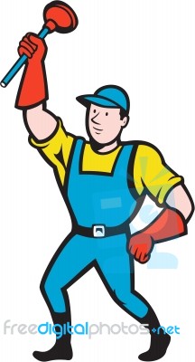 Super Plumber Wielding Plunger Cartoon Stock Image