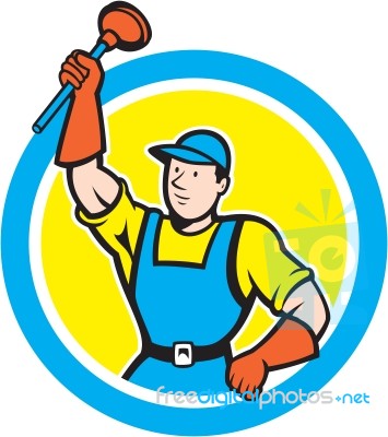 Super Plumber With Plunger Circle Cartoon Stock Image