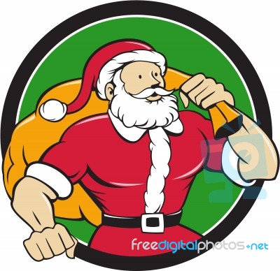 Super Santa Claus Carrying Sack Circle Cartoon Stock Image