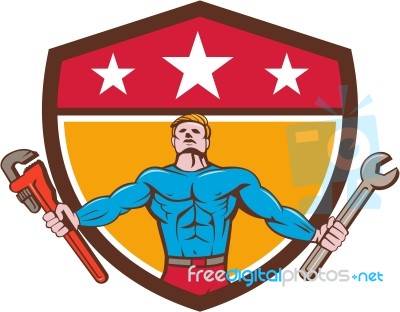 Superhero Handyman Spanner Wrench Shield Cartoon Stock Image