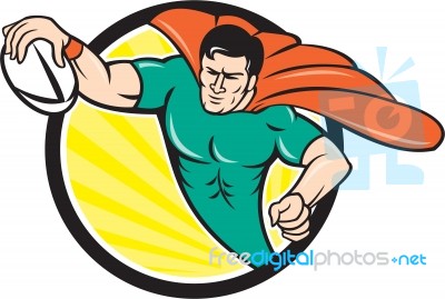 Superhero Rugby Player Scoring Try Circle Stock Image