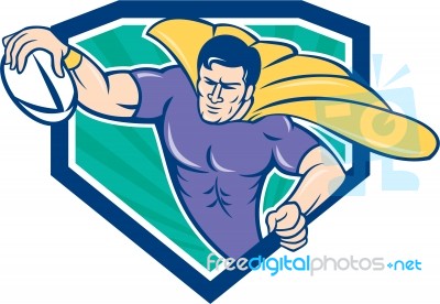 Superhero Rugby Player Scoring Try Crest Stock Image