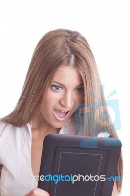 surprised lady with Tablet pc Stock Photo