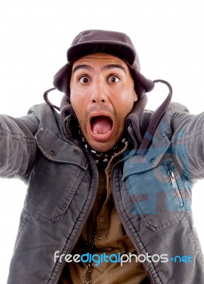 Surprised Man Posing In Front Of Camera Stock Photo