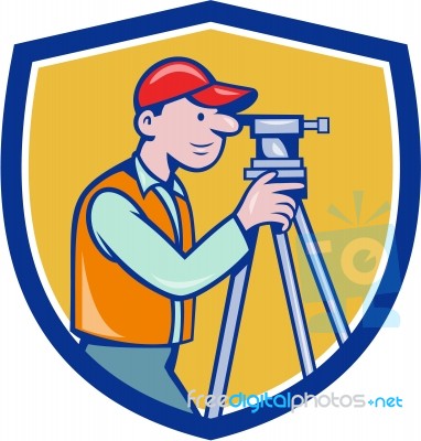 Surveyor Geodetic Engineer Theodolite Shield Cartoon Stock Image