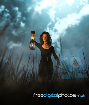 Survivor Woman Carrying An Axe In Field At Night,fantasy Horror Stock Image