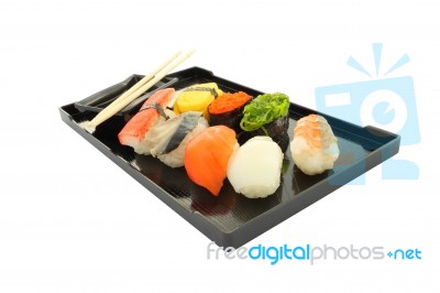 Sushi Black Rectangle Plate Focus Shrimp On White Table Stock Photo