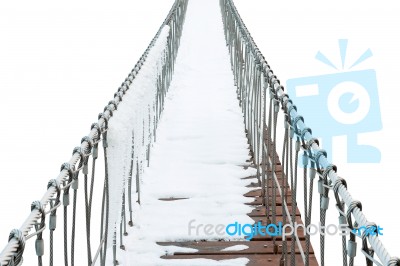 Suspension Bridge Of Iron Chain And Woods In Winter On White Background Stock Photo