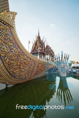 Swan Boat At Wat Cha Lor Temple, Nonthaburi Stock Photo