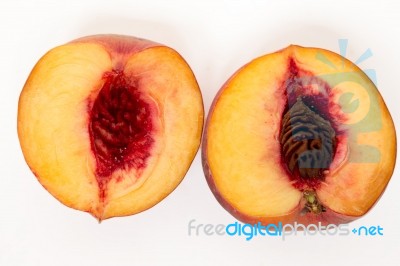 Sweet Peach Sliced Isolated On A White Background Stock Photo