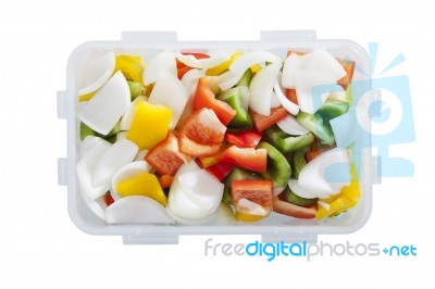 Sweet Pepper Chilly And Onion Vegetable Sliced In Plastic Box Stock Photo