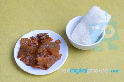 Sweet Pork With Steamed Rice Stock Photo