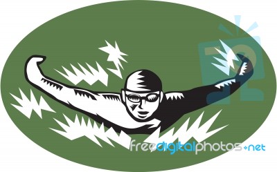 Swimmer Butterfly Stroke Swimming Woodcut Stock Image