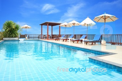 Swimming Pool On Top Of Roof Deck Building Stock Photo