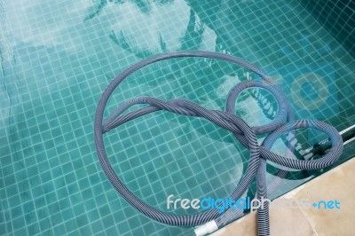 Swimming Pool Vacuum Hose After Pool Cleaning Stock Photo