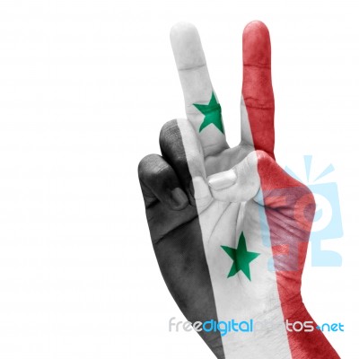 Syria Flag On Victory Hand Stock Photo