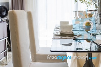 Table Set In Dinning Room Stock Photo