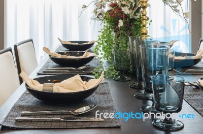 Table Set In Luxury Dinning Room Stock Photo