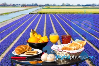 Table With Food And Drink Near Flowers Field Stock Photo